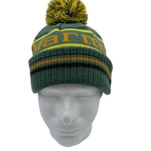 Marmot Men's One Size Green Striped Knit Pom Beanie Hat Logo Cuffed Winter